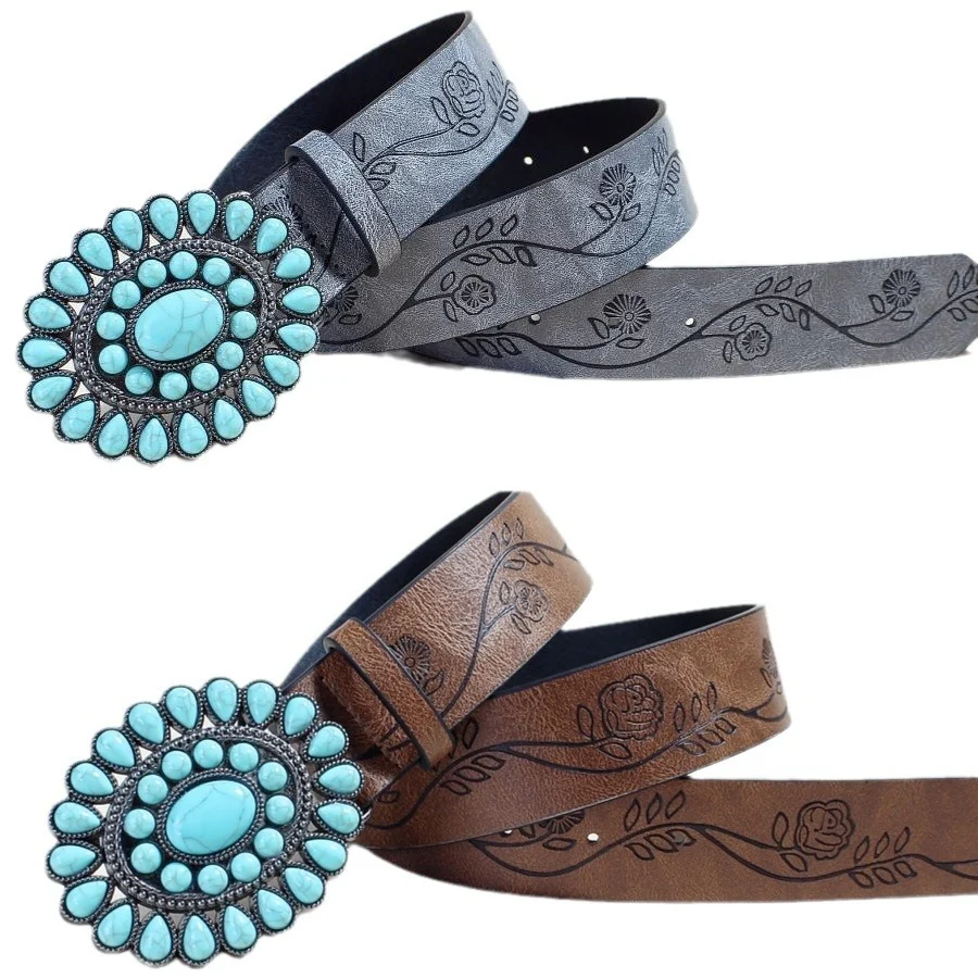 Women's Belts Flow New Rose Pattern Printed Green Pine Beads Alloy Buckle - Image 5