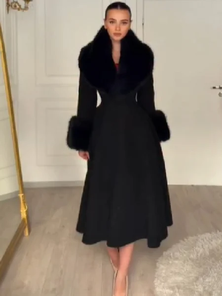 Women's Faux Fur Trim Tailored Fit-and-Flare Long Coat