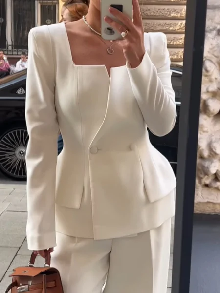 Women's Two-Button Square Collar Blazer - Solid Color Casual Office Jacket