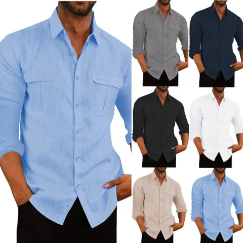 Men's Cotton Linen Double Pocket Shirt