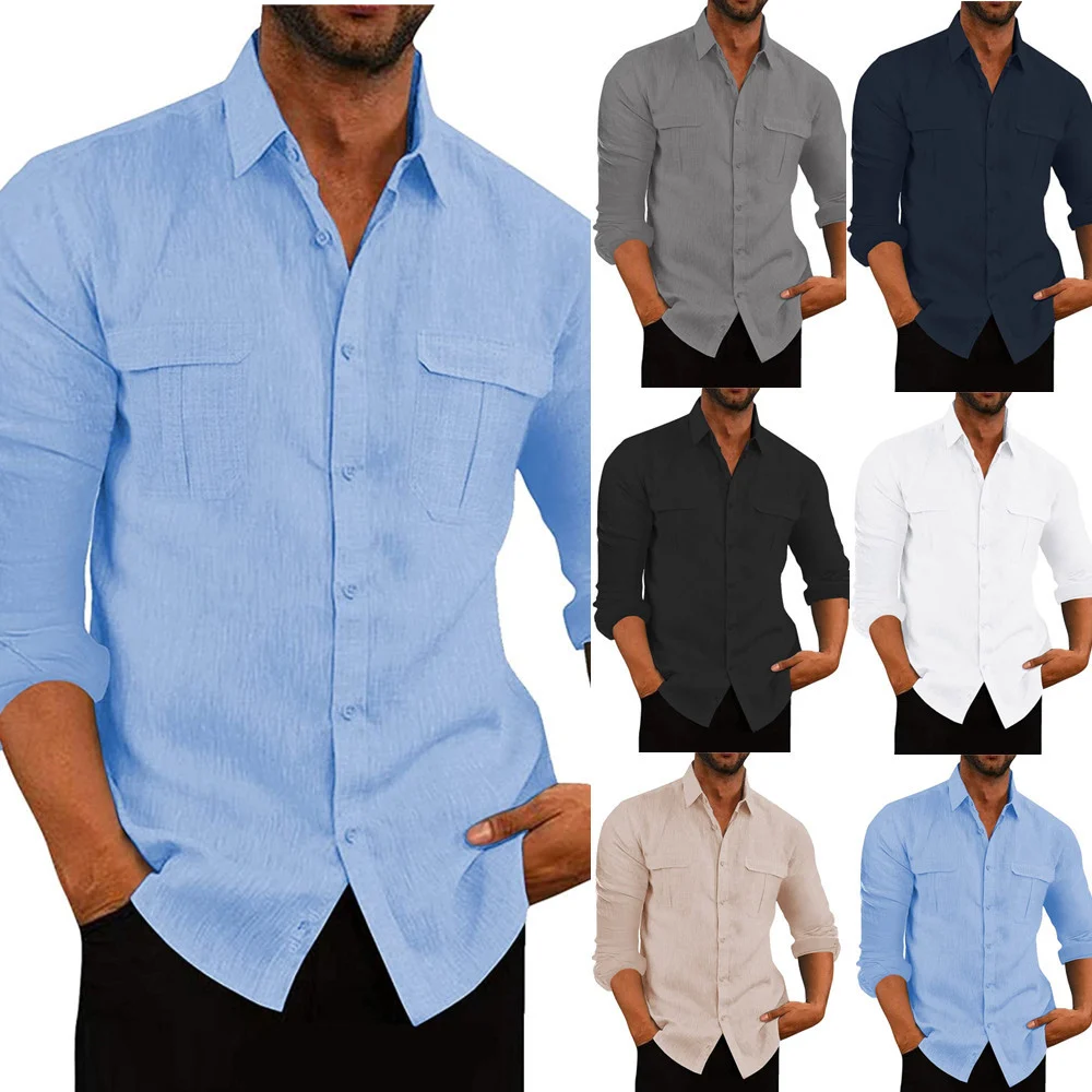 Men's Cotton Linen Double Pocket Shirt