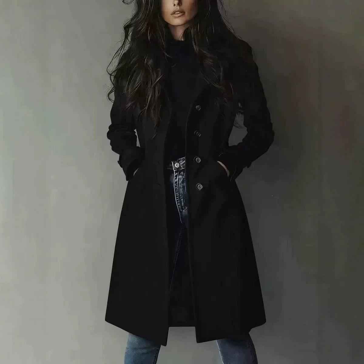 Amazon Cross-border European And American Long-style Lapel Buttoned Waist-cinching Women's Coat - Image 3