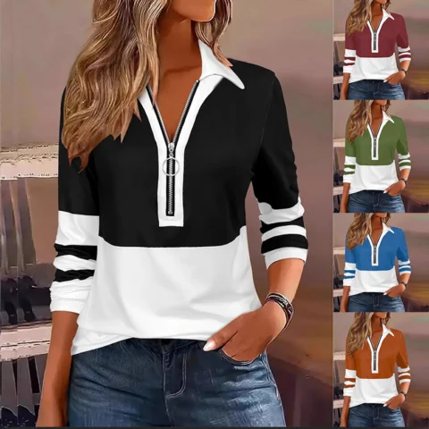 Women's Long-Sleeve Color Block Top - Black and White