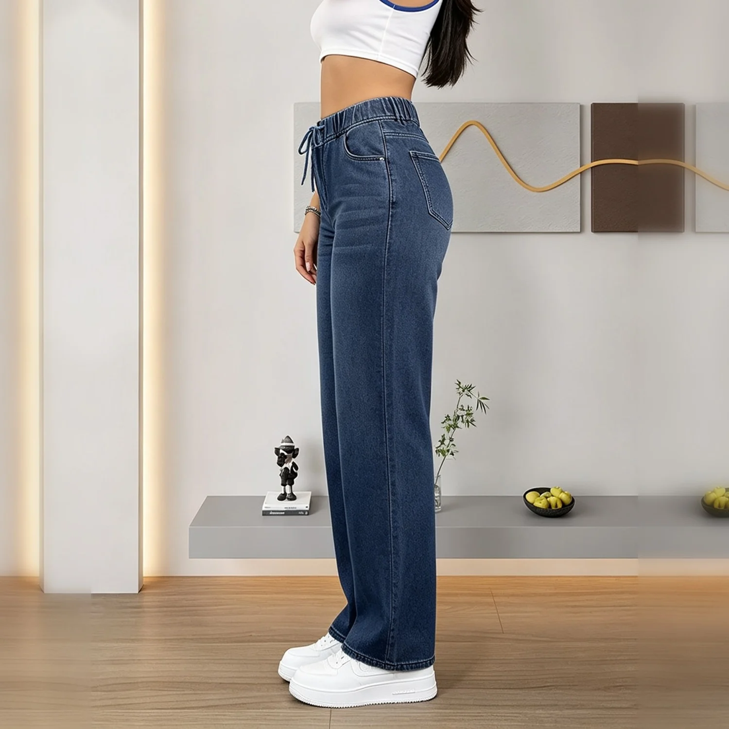 Women's Dark Wash Drawstring Elastic Waist Wide Leg Jeans, Loose Casual Straight Denim Pants With Pockets - Image 3