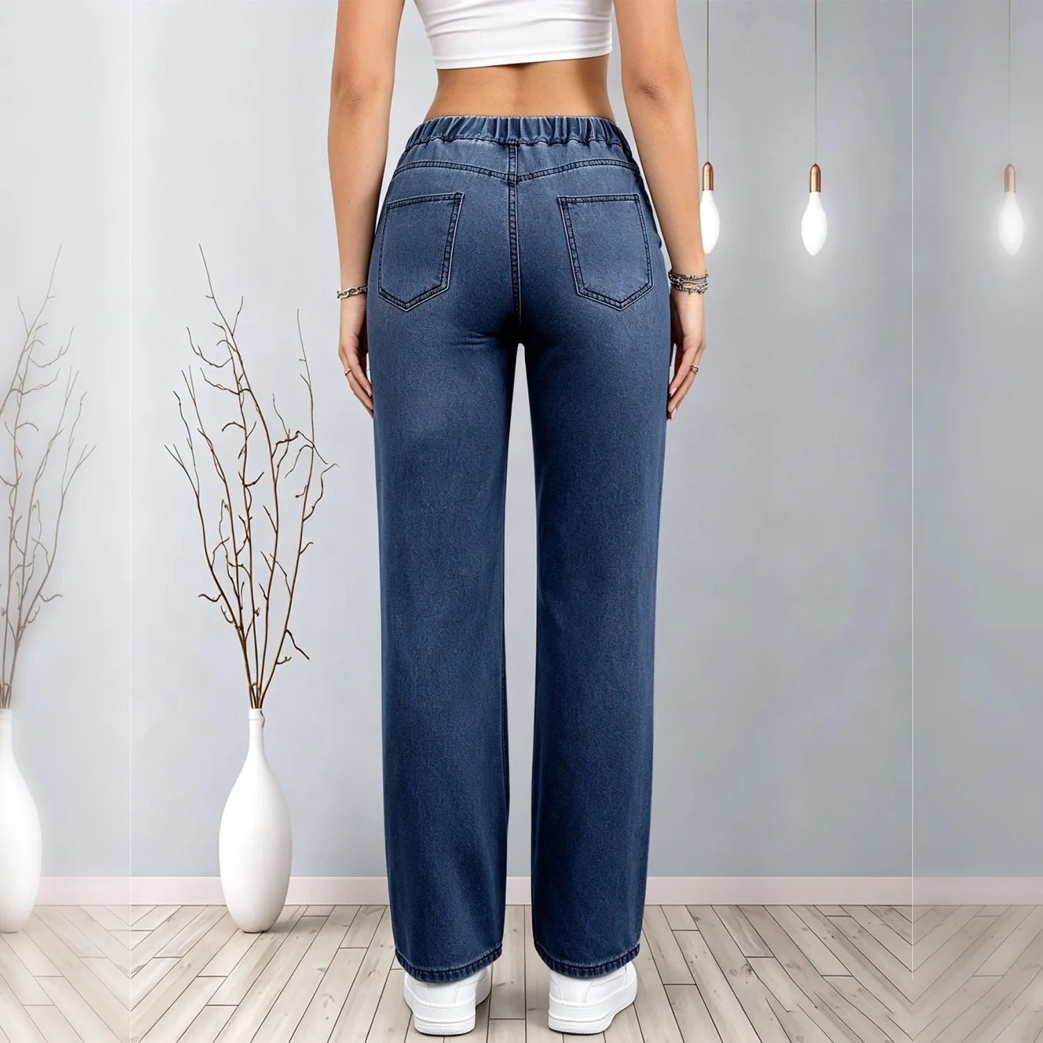 Women's Dark Wash Drawstring Elastic Waist Wide Leg Jeans, Loose Casual Straight Denim Pants With Pockets - Image 5