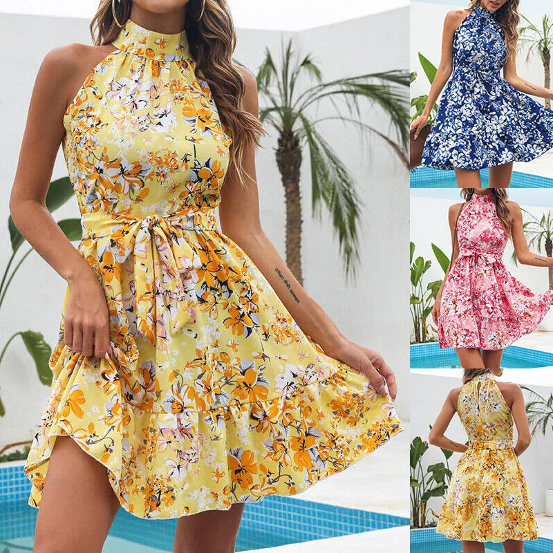 Women's Flowers Print Halterneck Dress - Summer Fashion Lace-Up Ruffled Dresses