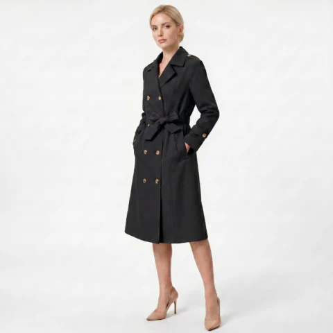 Women's Casual Waist Cinching Trench Coat For Fall Winter, Elegant Long Women Outerwear With Double Breasted Design, Model