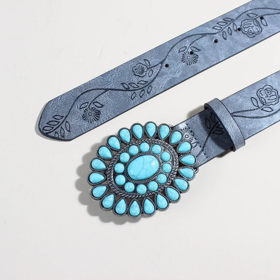 Women's Belts Flow New Rose Pattern Printed Green Pine Beads Alloy Buckle - Image 3