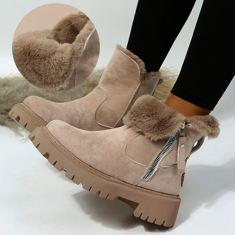 Women's Thick Plush Snow Boots - Faux Suede Non-Slip Winter Shoes