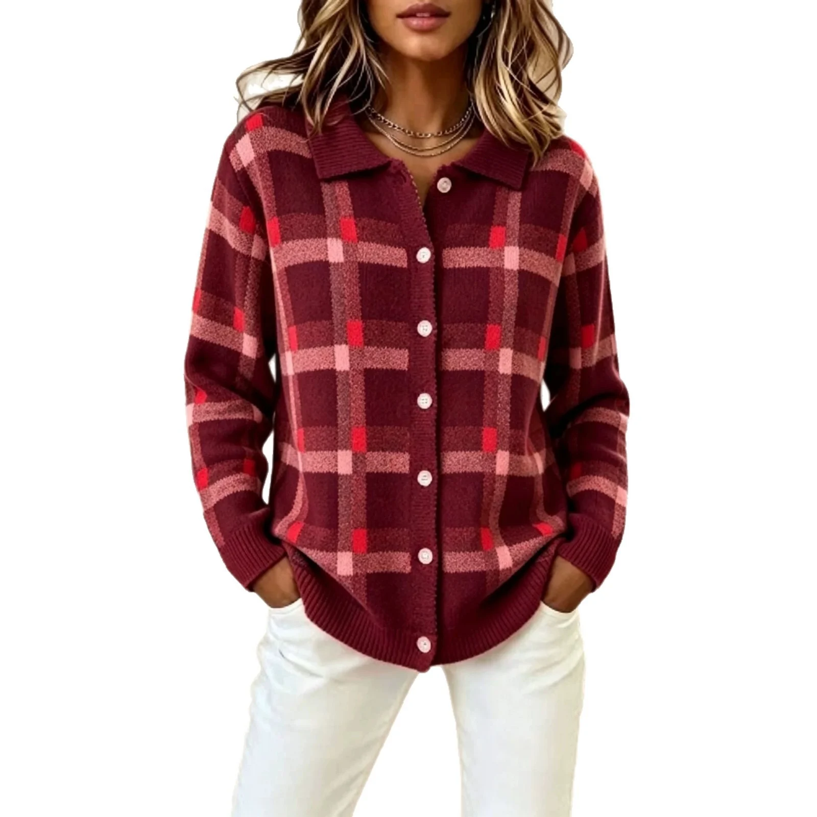 Women's Unique-Line Plaid Long-Sleeve Blouse - Image 5