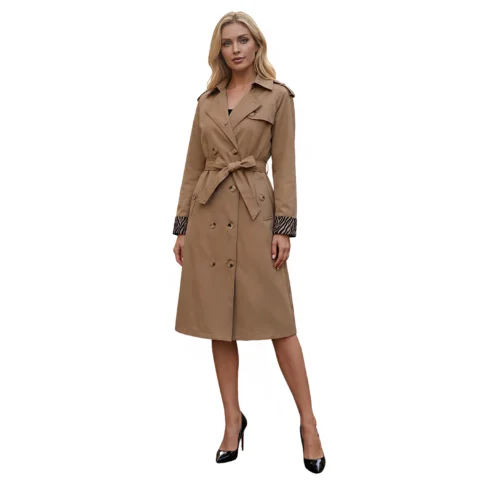 Women's Trench Coat With Leopard Print Decoration, European And American Style, Long-Sleeve, European Size, Fashion Double-Breasted With Belt 2602