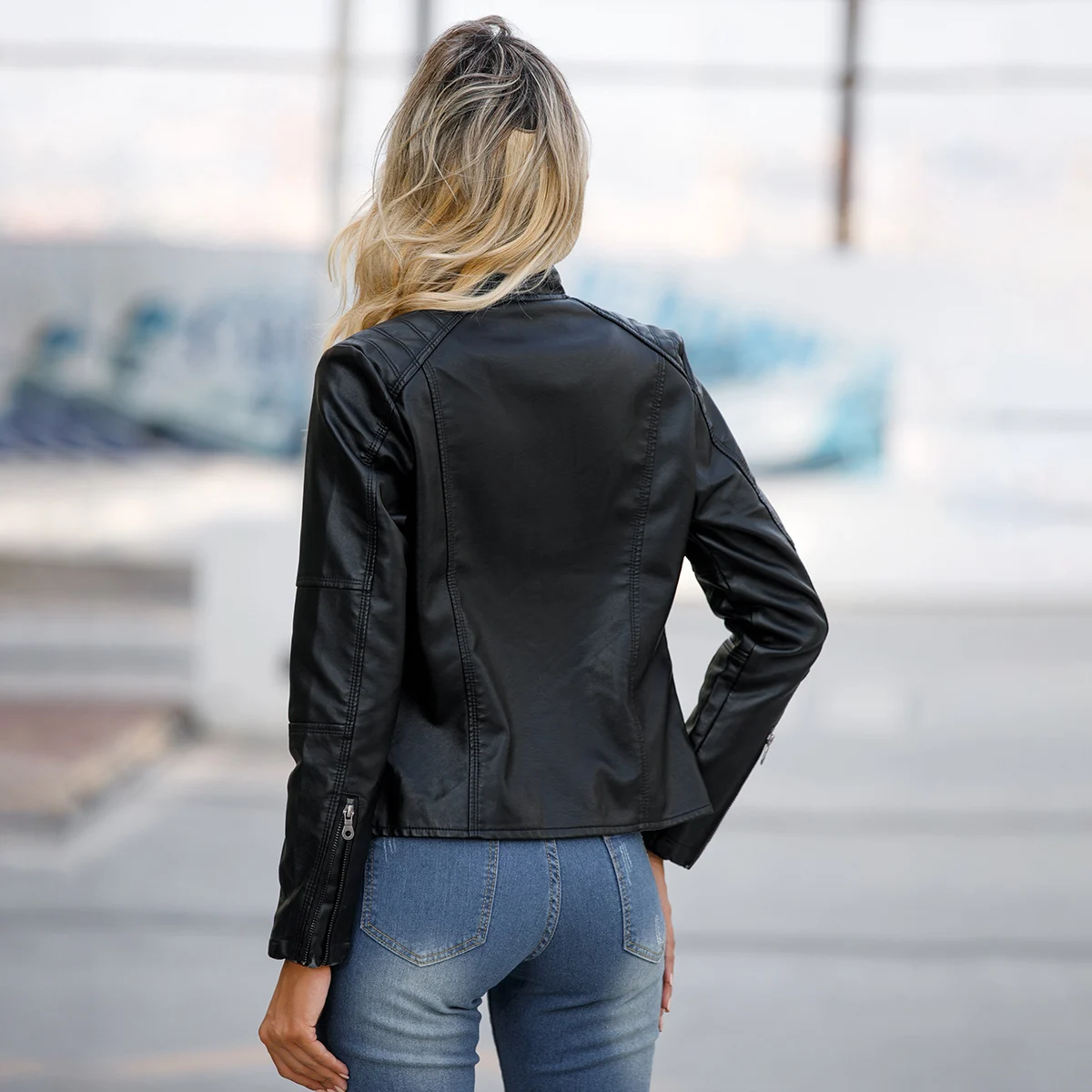 Women's Zip-up Leather Jackets Fashion Solid Color Pockets Stand Collar Top Outwear Clothing - imagine 2