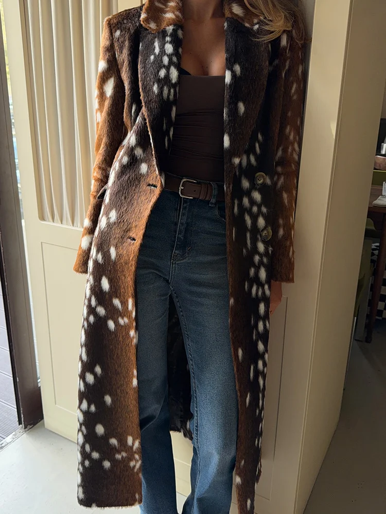 Women's Fawn Spotted Faux Fur Tailored Long Coat - Image 3