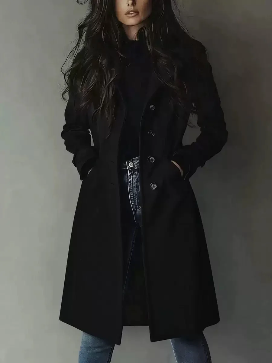 Amazon Cross-border European And American Long-style Lapel Buttoned Waist-cinching Women's Coat - Image 7
