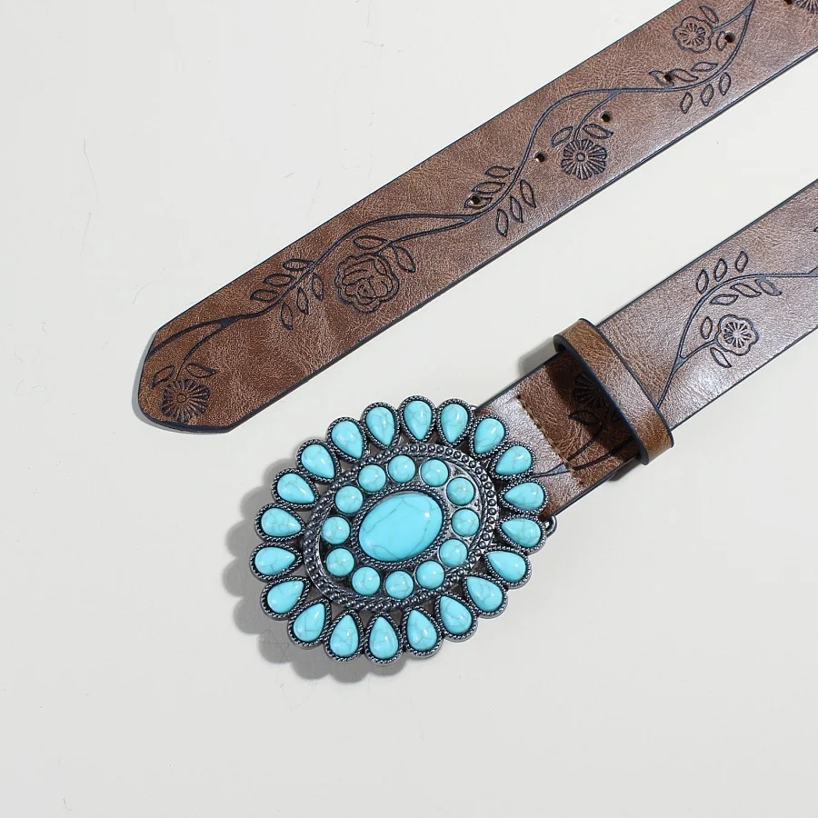 Women's Belts Flow New Rose Pattern Printed Green Pine Beads Alloy Buckle - Image 4