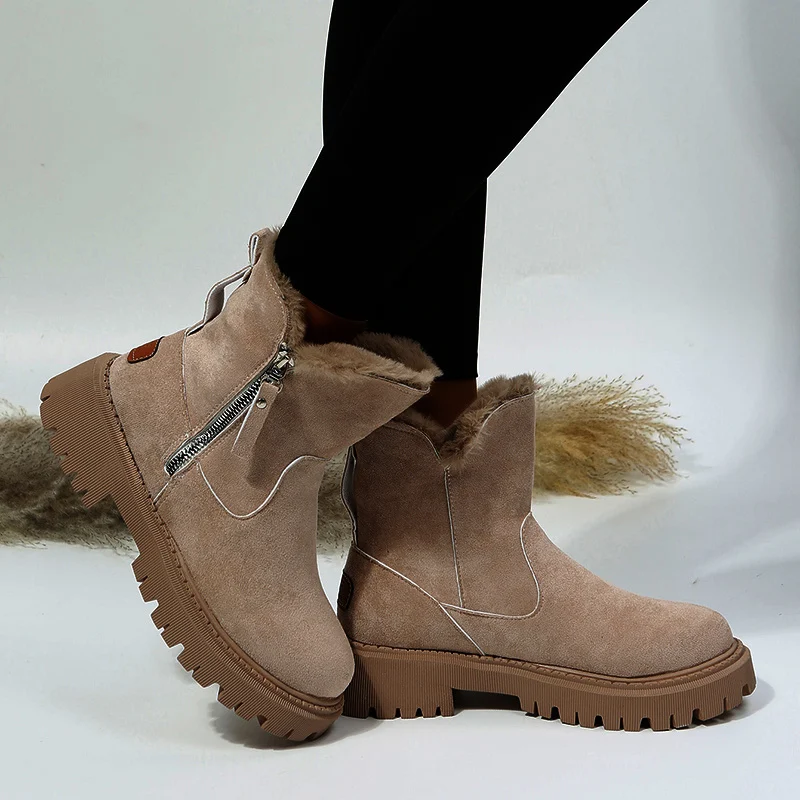 Women's Thick Plush Snow Boots - Faux Suede Non-Slip Winter Shoes - imagine 7