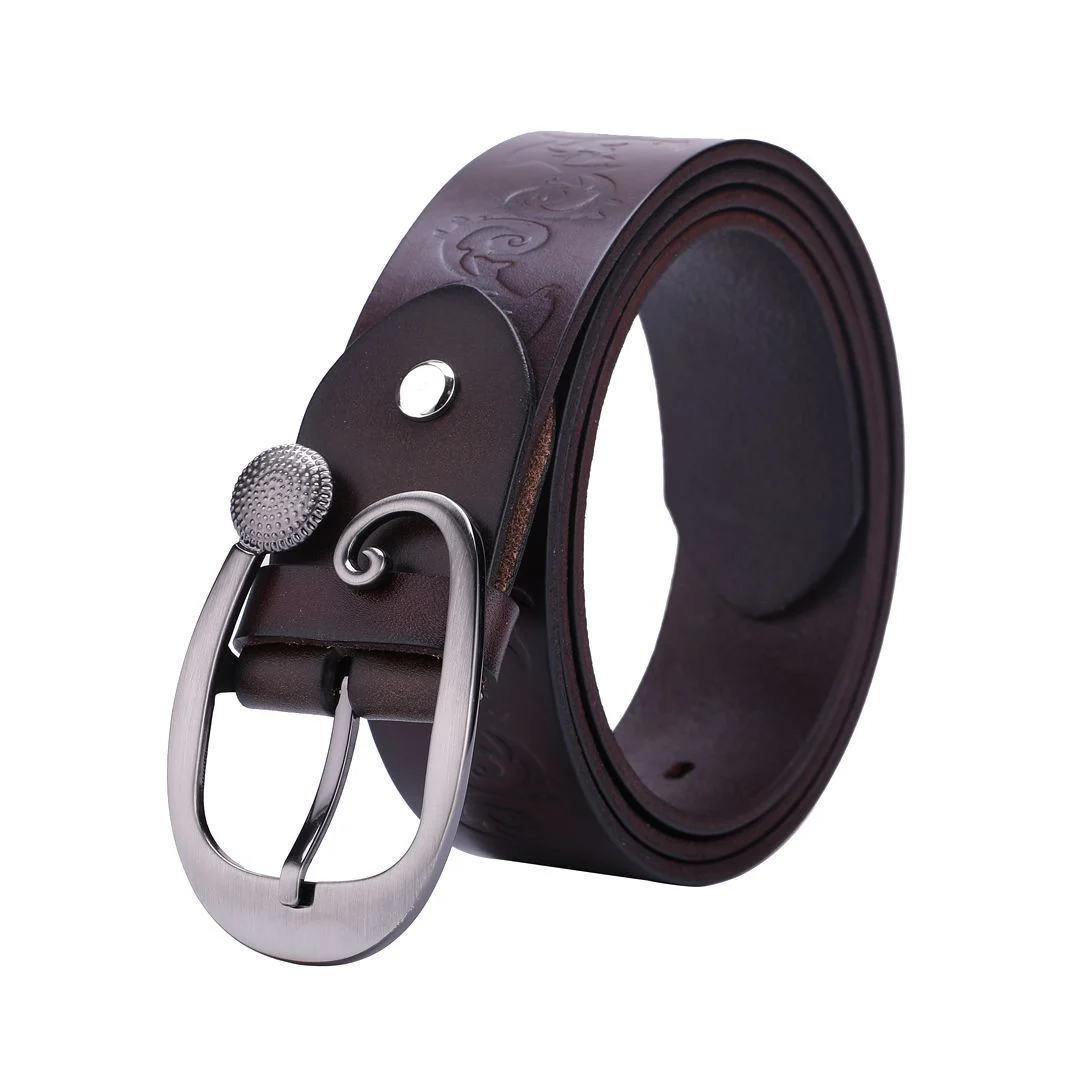 Women's Leather Belt Head Layer Cowhide Embossed Decoration - imagine 5