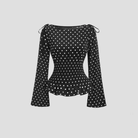 Women's Polka Dot Off-Shoulder Blouse - Flared Sleeve Peplum Top