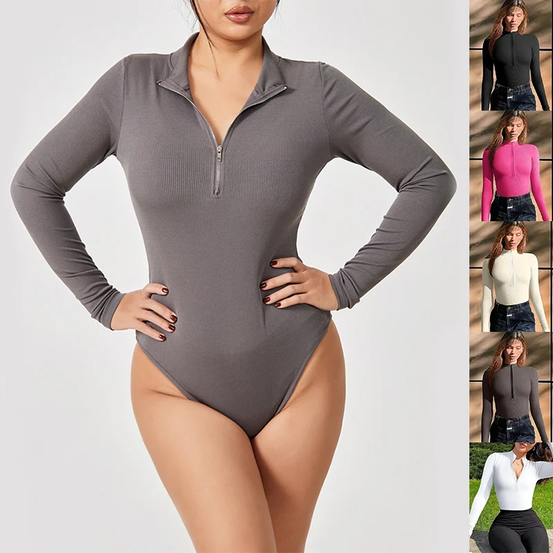 Women's Fashion Long Sleeve Zipper Jumpsuit Seamless Slimming Shapewear Romper